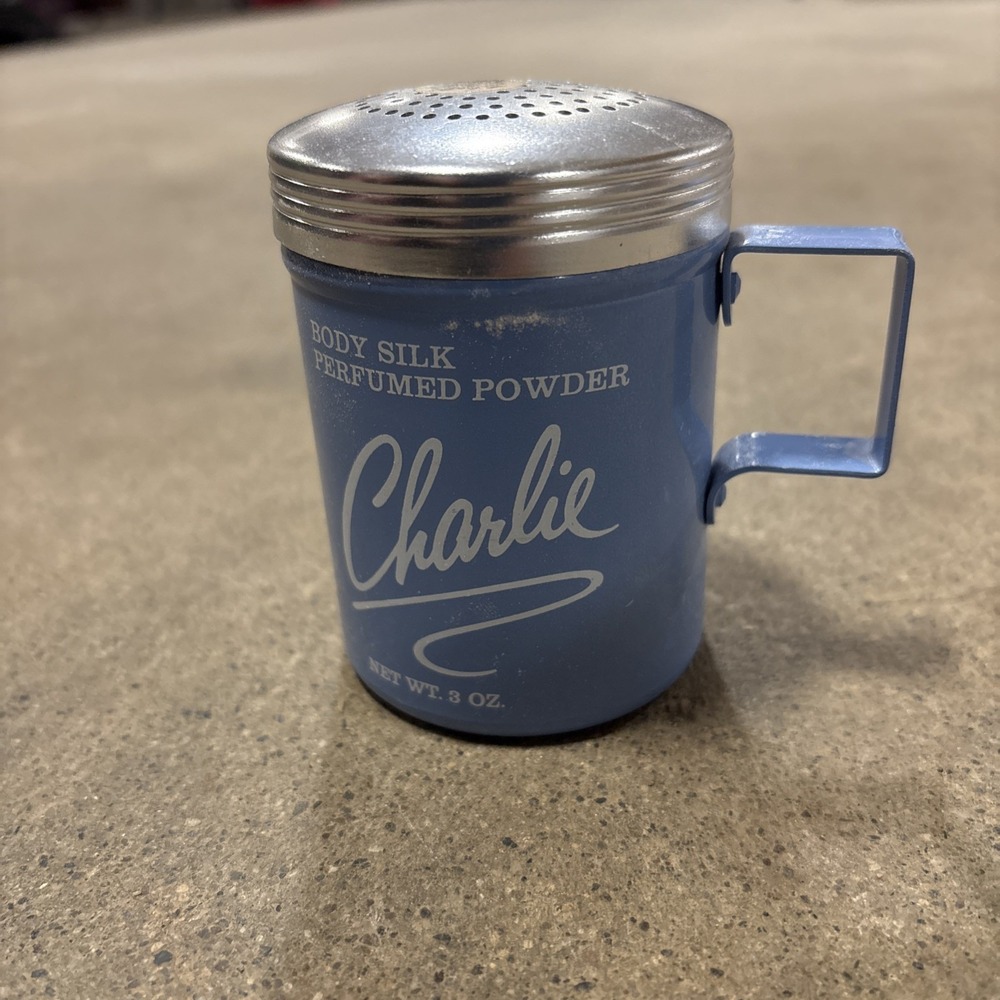 Vintage Revlon CHARLIE Tin Shaker Body Powder 3 oz Blue 3/4 Full